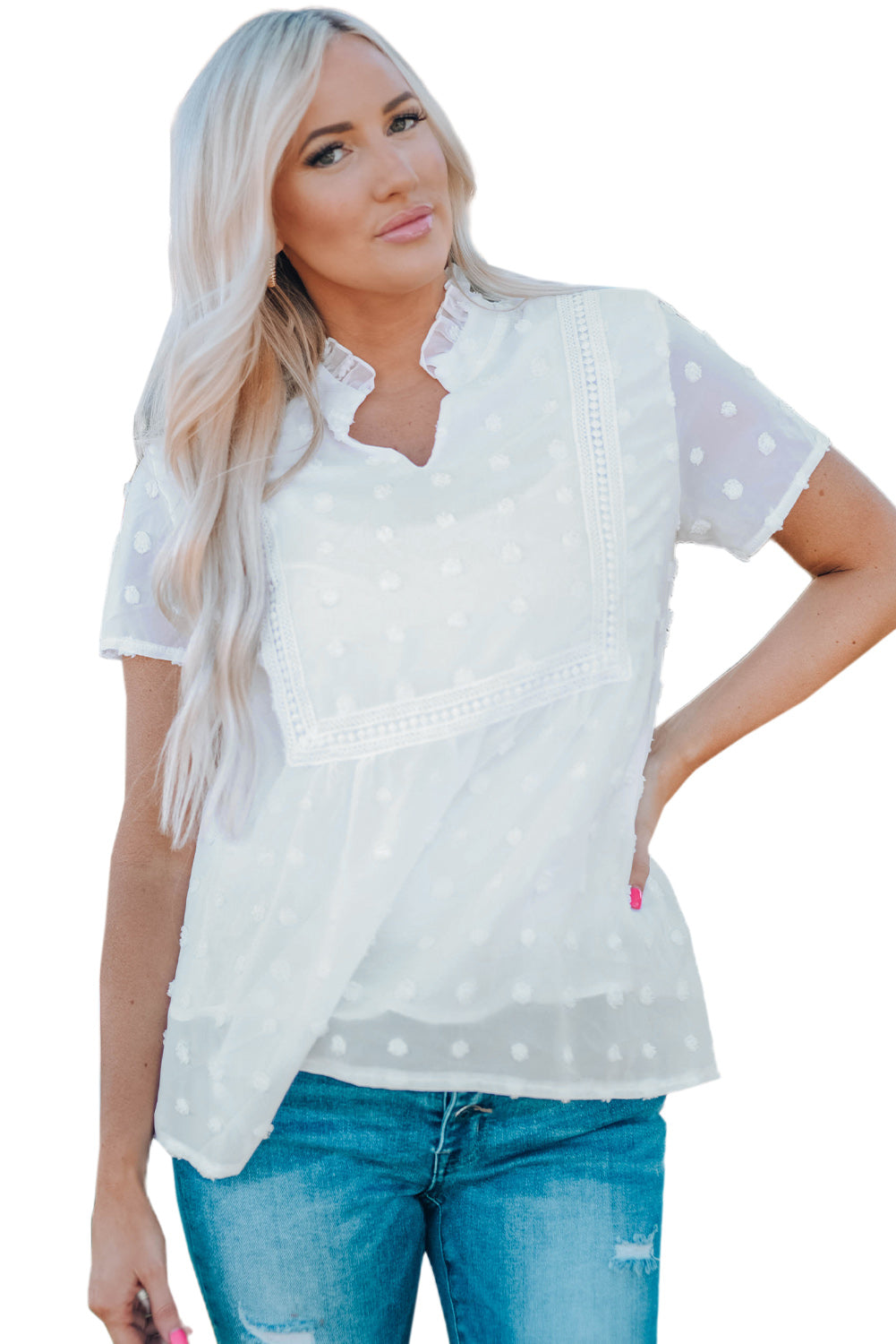 White Swiss Dot Short Sleeve Flowy Top