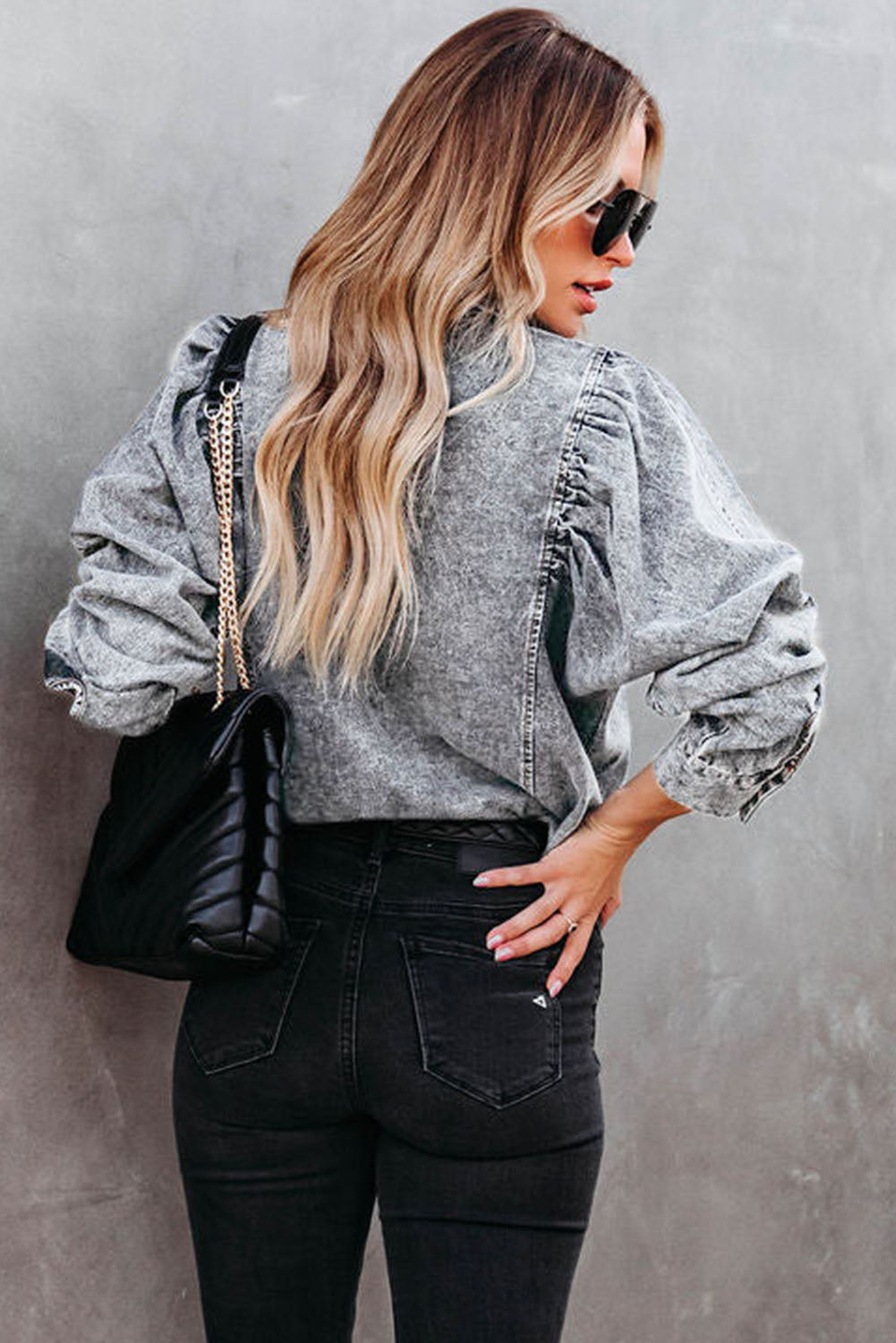 Gray Puff Sleeve Button-Up Denim Jacket