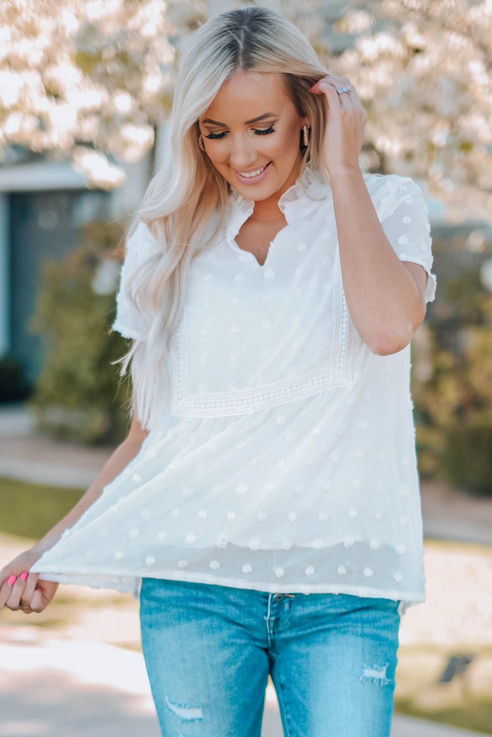 White Swiss Dot Short Sleeve Flowy Top