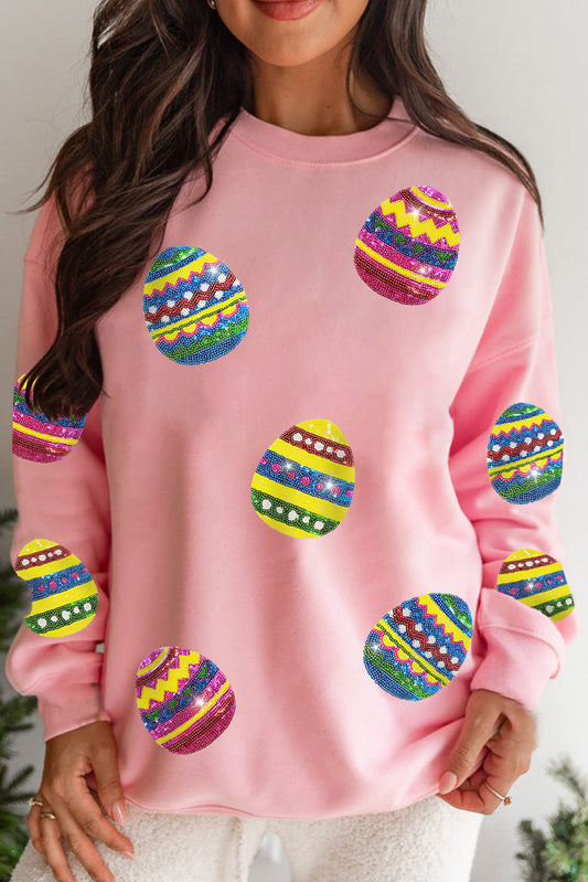 Pink Eater Egg Sequin Patched Crew Neck Sweatshirt