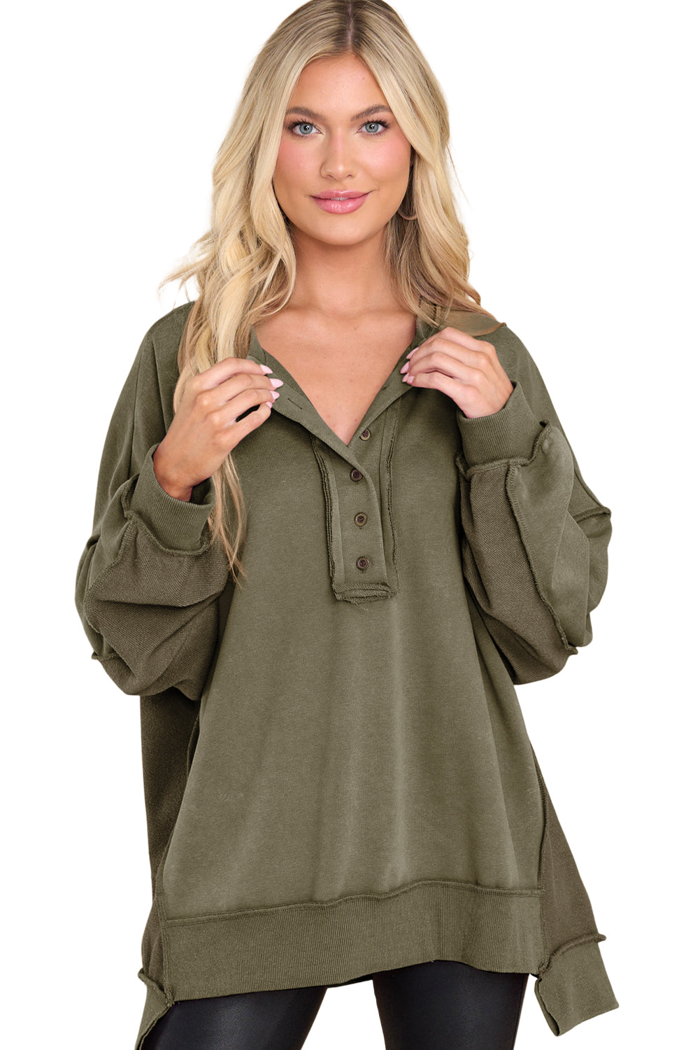 Green Oversized Exposed Seam Henley Sweatshirt