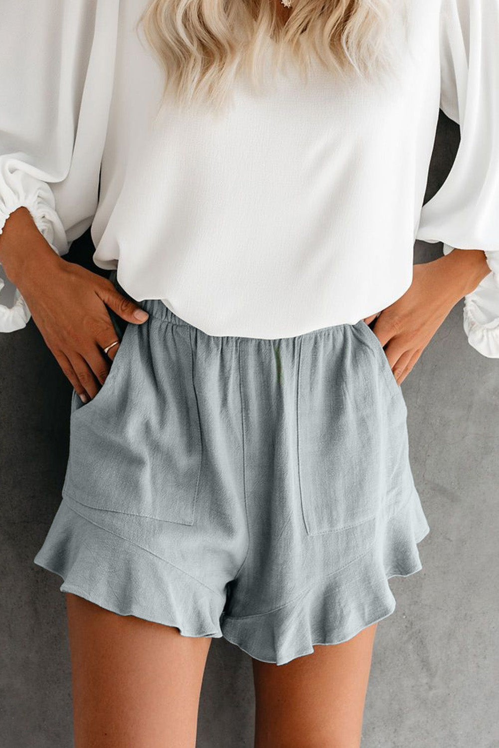 Gray Blue High Waist Pocketed Ruffle Shorts