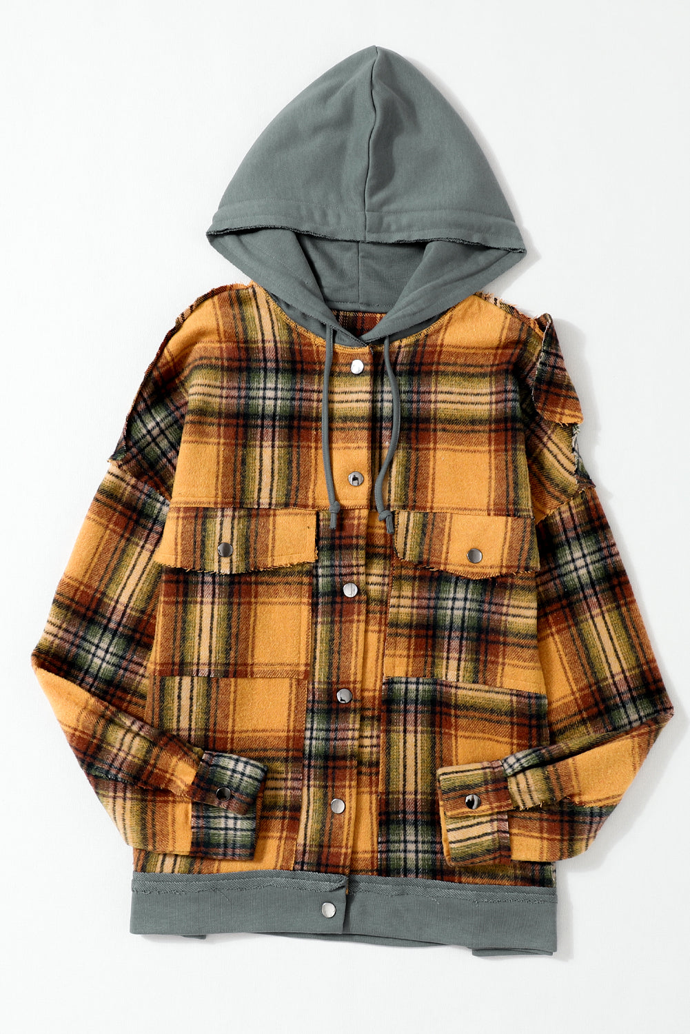 Orange Plaid Patch Hooded Frayed Snap Button Jacket