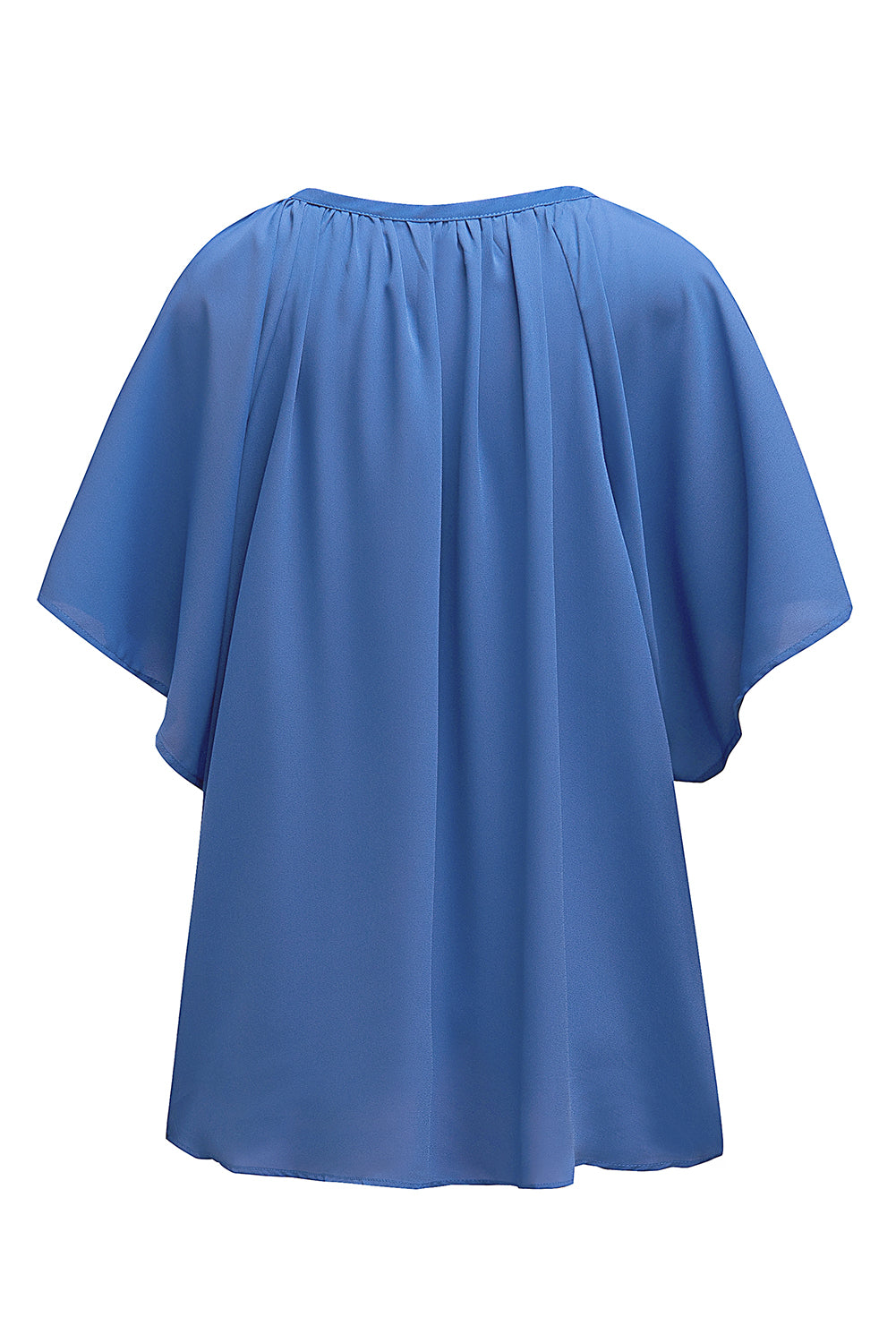 Blue Split Neck Pleated Loose Blouse