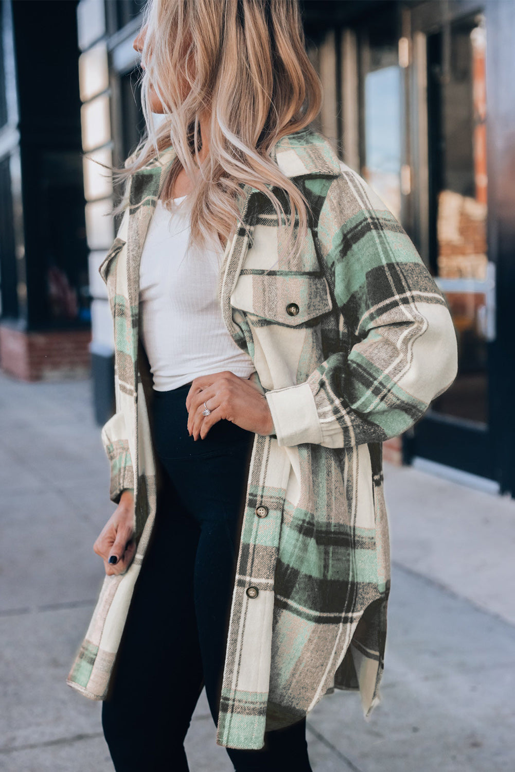 Mint Green Plaid Print Flap Pockets Long Shacket