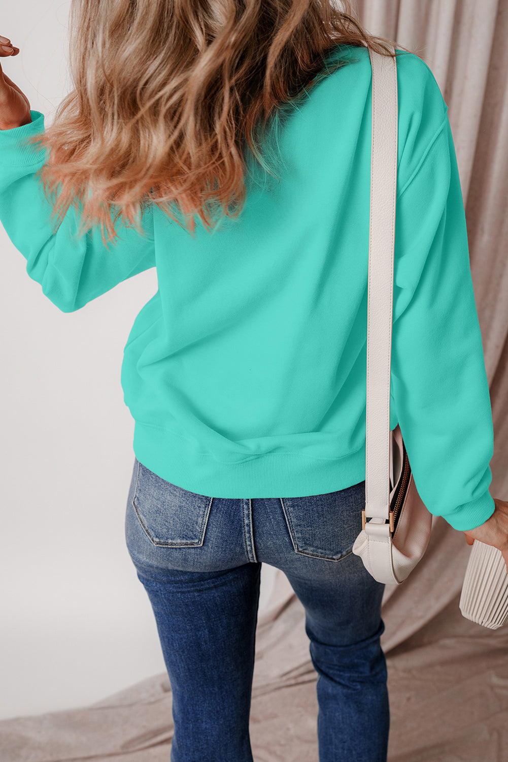 Aruba Blue Solid Fleece Lined Drop Shoulder Terry Sweatshirt