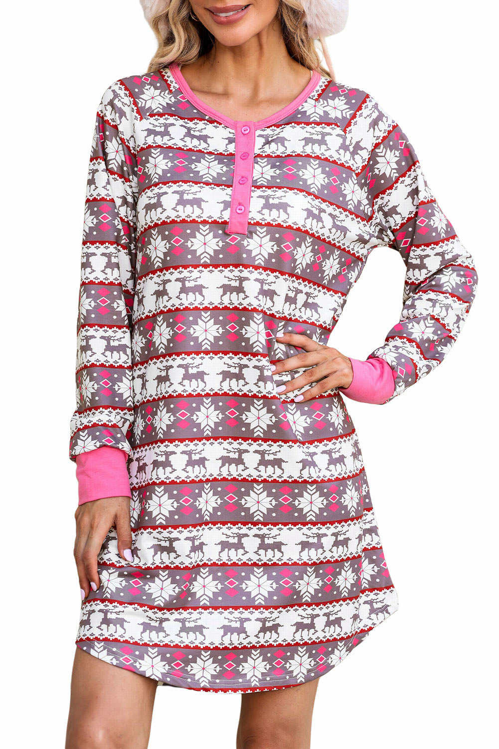 Rose Christmas Pattern Henley Pajama Dress