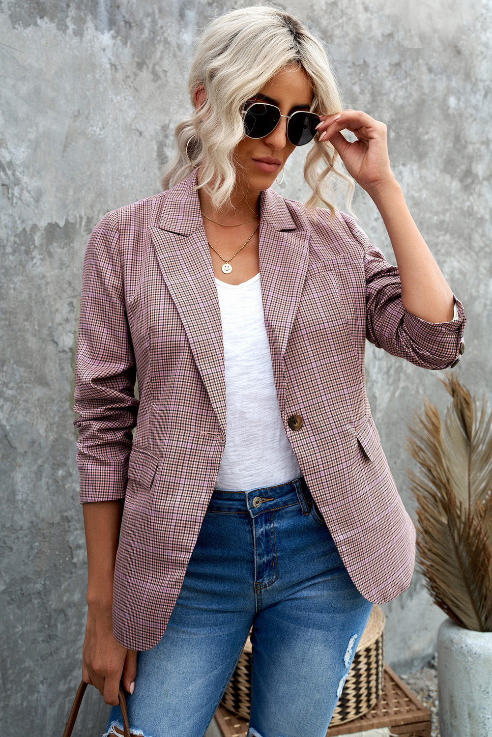 Plaid Print Lapel Collar Buttoned Blazer