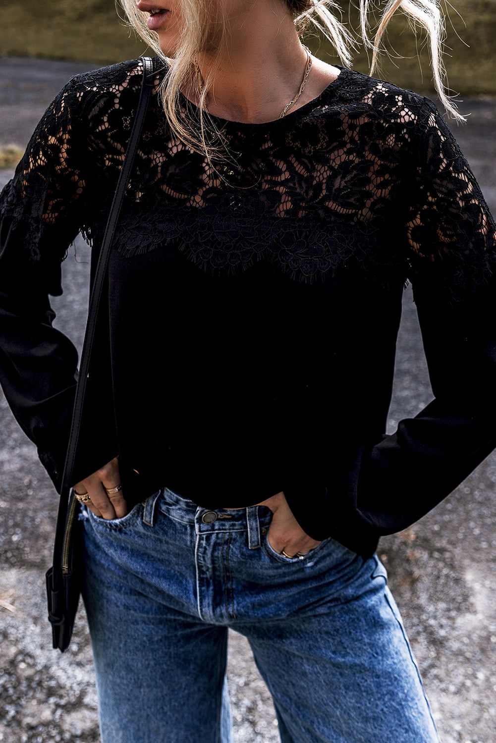 Black Lace Crochet Patchwork O Neck Long Sleeve Top