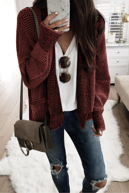 Fiery Red Chunky Waffle Knit Oversized Collar Cardigan