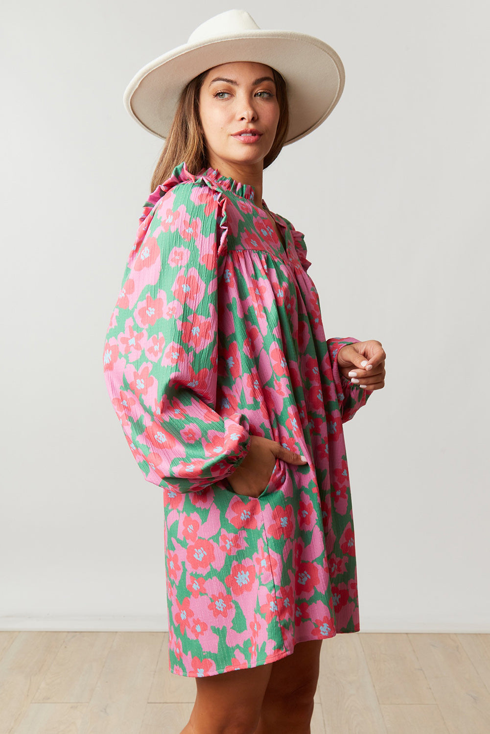 Pink Split V Neck Bubble Sleeve Loose Floral Dress