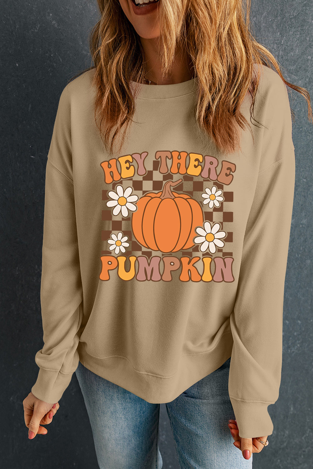 Khaki Floral Checkered Pumpkin Graphic Drop Shoulder Thanksgiving Sweatshirt