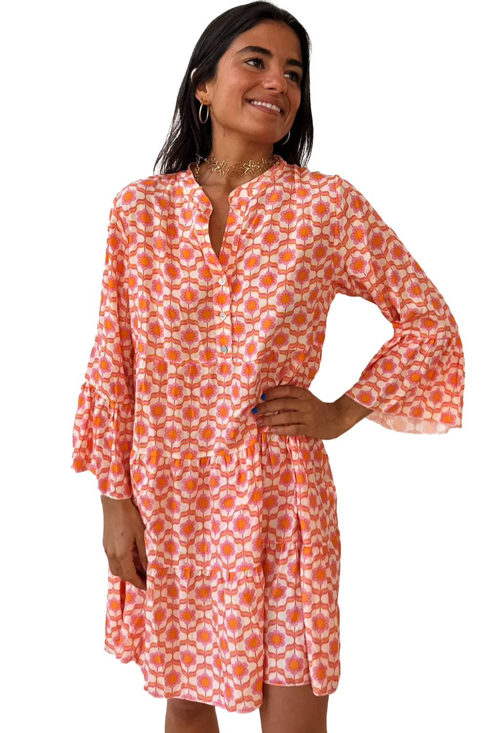 Orange Floral Print Flounce Sleeve Buttoned Front Mini Dress