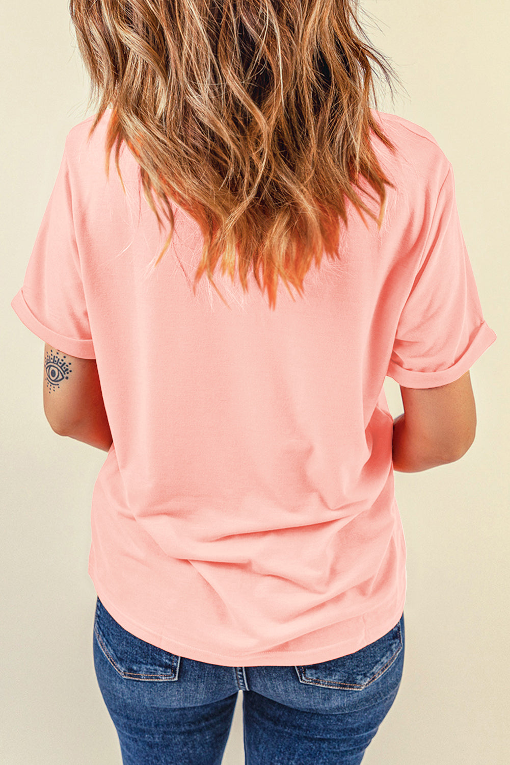 Pink Casual Plain Crew Neck Tee