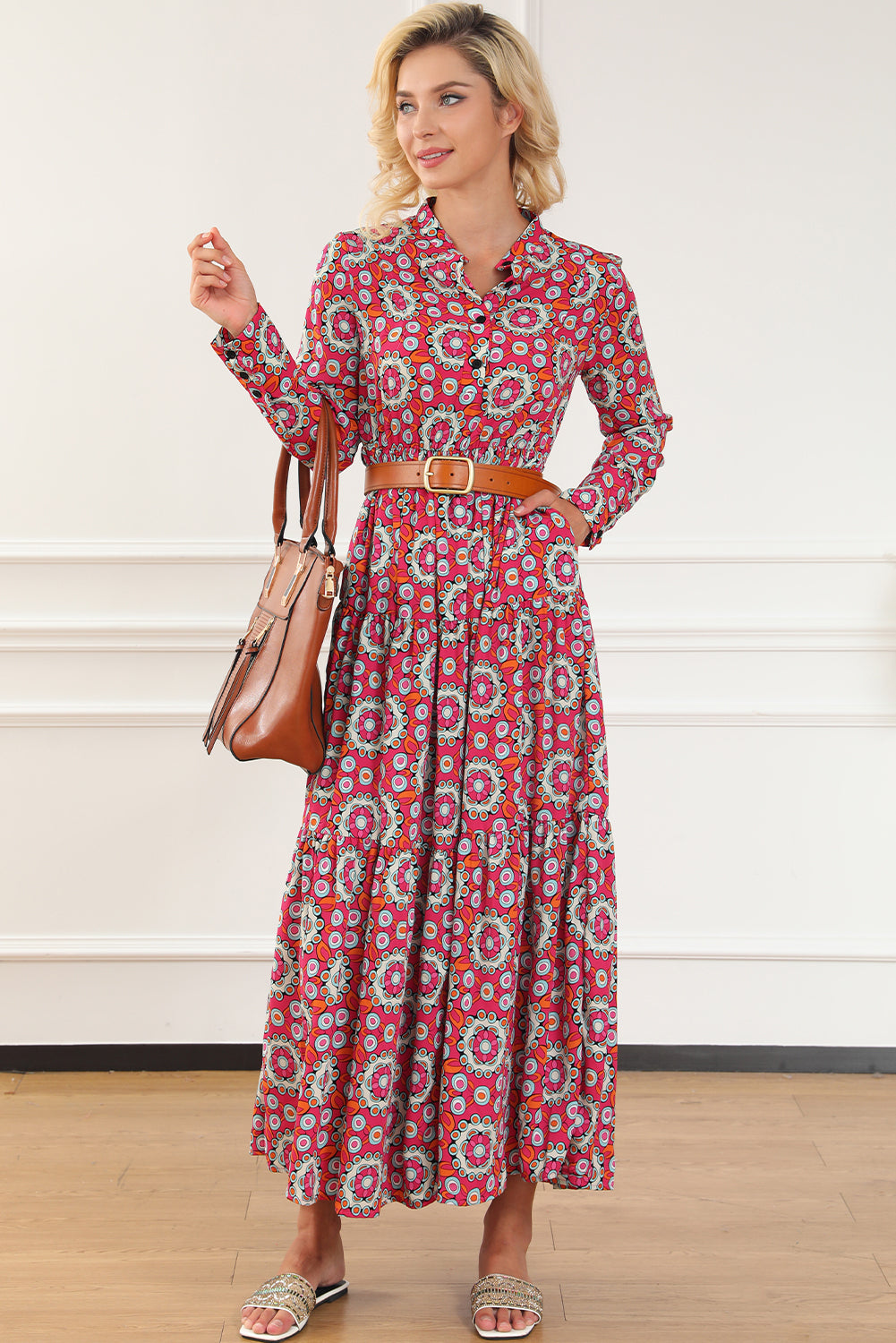 Floral Print Long Sleeve Shirt Bodice Flared Maxi Dress