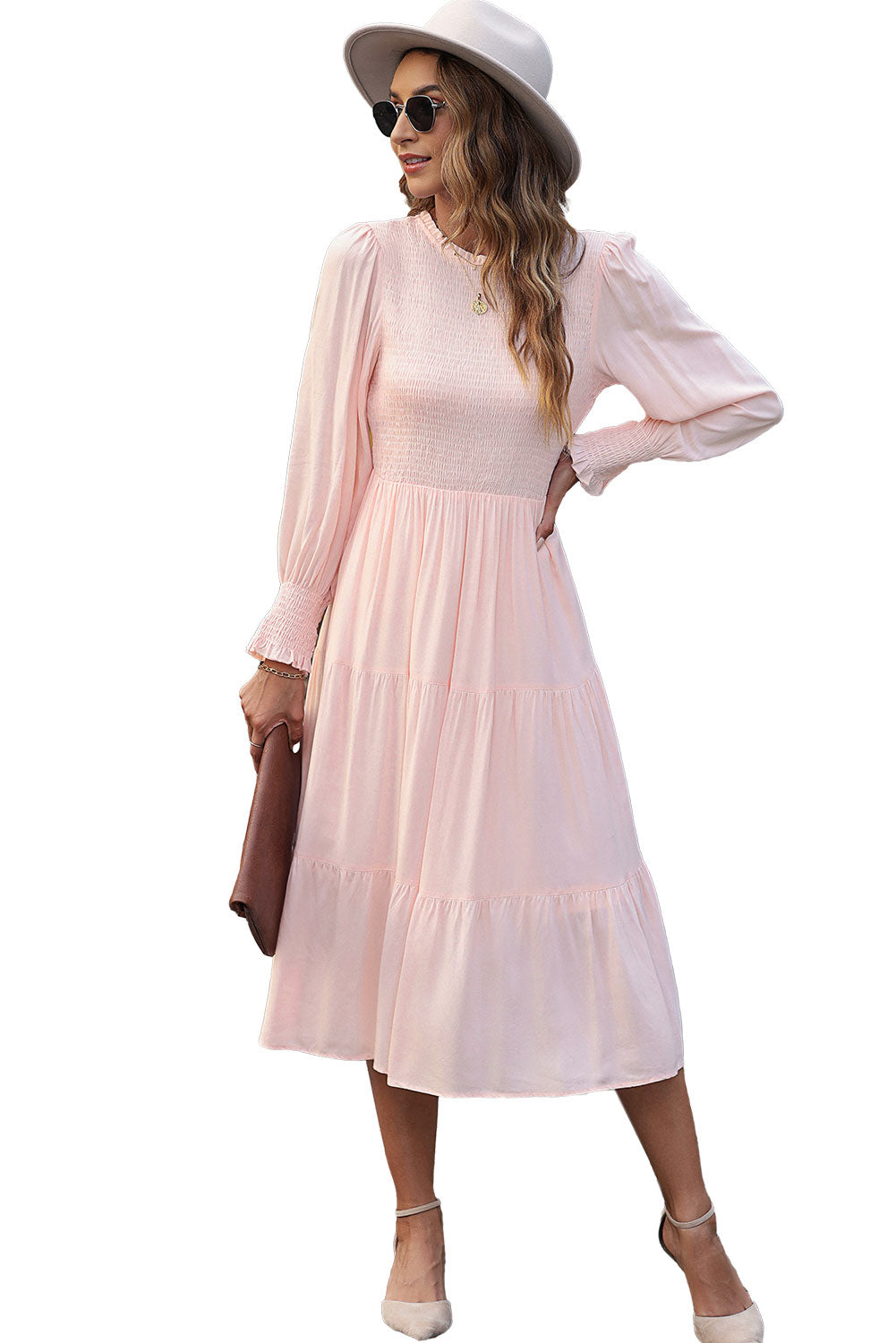 Smocked Bubble Sleeve Ruffle Tiered Midi Dress