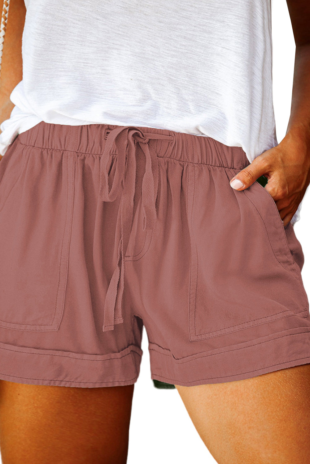 Fiery Red Elastic Waist Drawstring Pocket Shorts