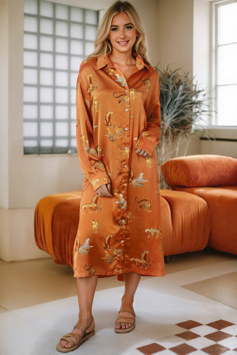 Mustard Cheetah Print Button-Up Split Shirt Dress