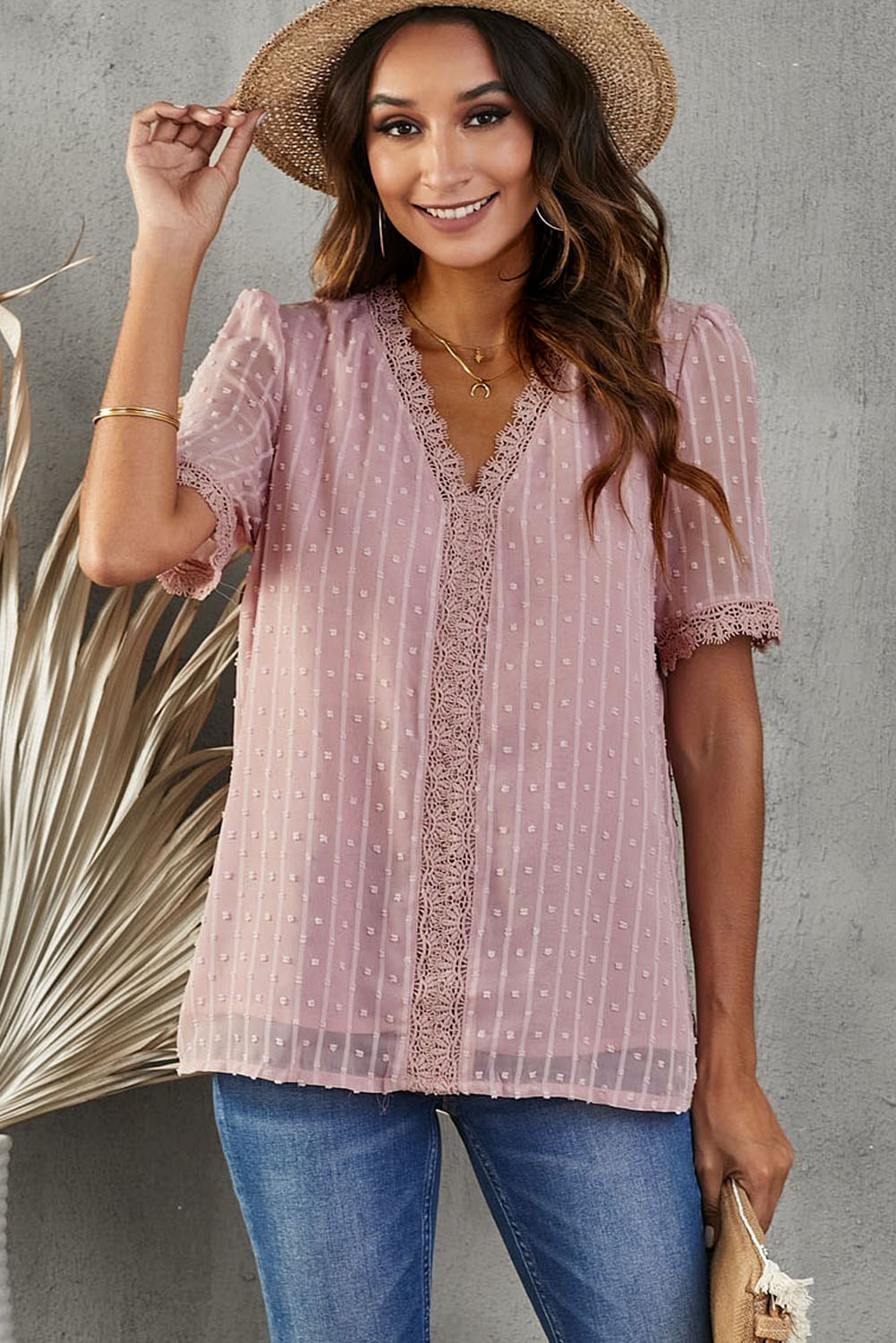 Pink Lace Splicing V-Neck Swiss Dot Short Sleeve Top