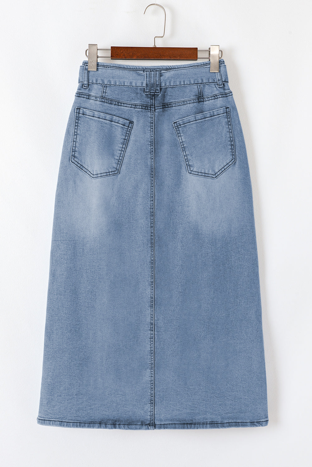 Dusk Blue Light Wash Belted High Waist Midi Denim Skirt