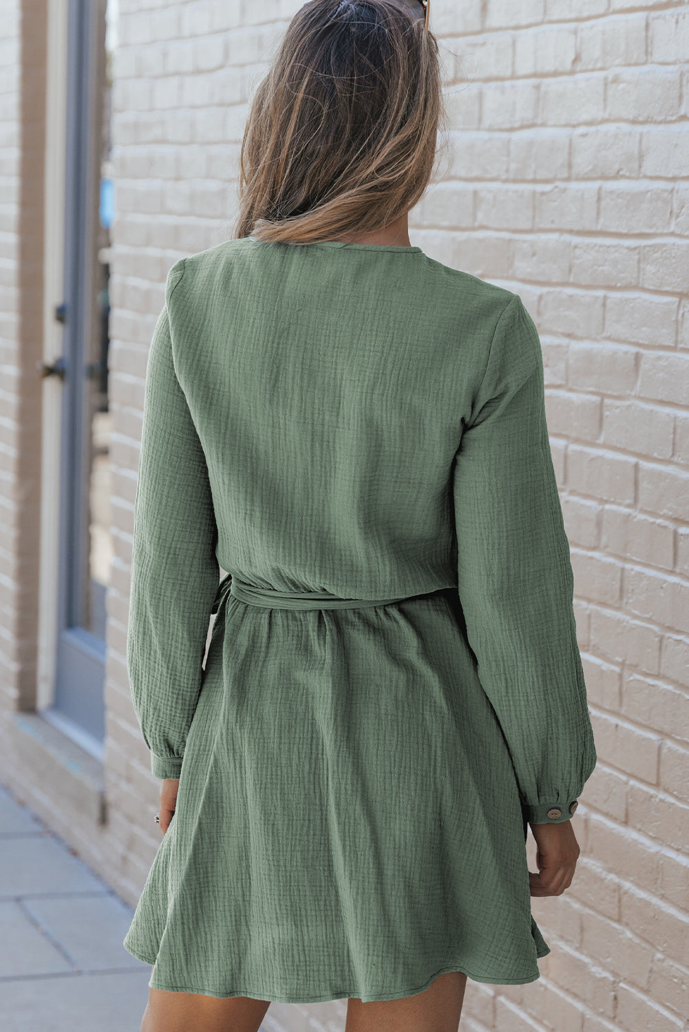 Pickle Green Button Neck Puff Sleeve Belted Pleated Mini Dress