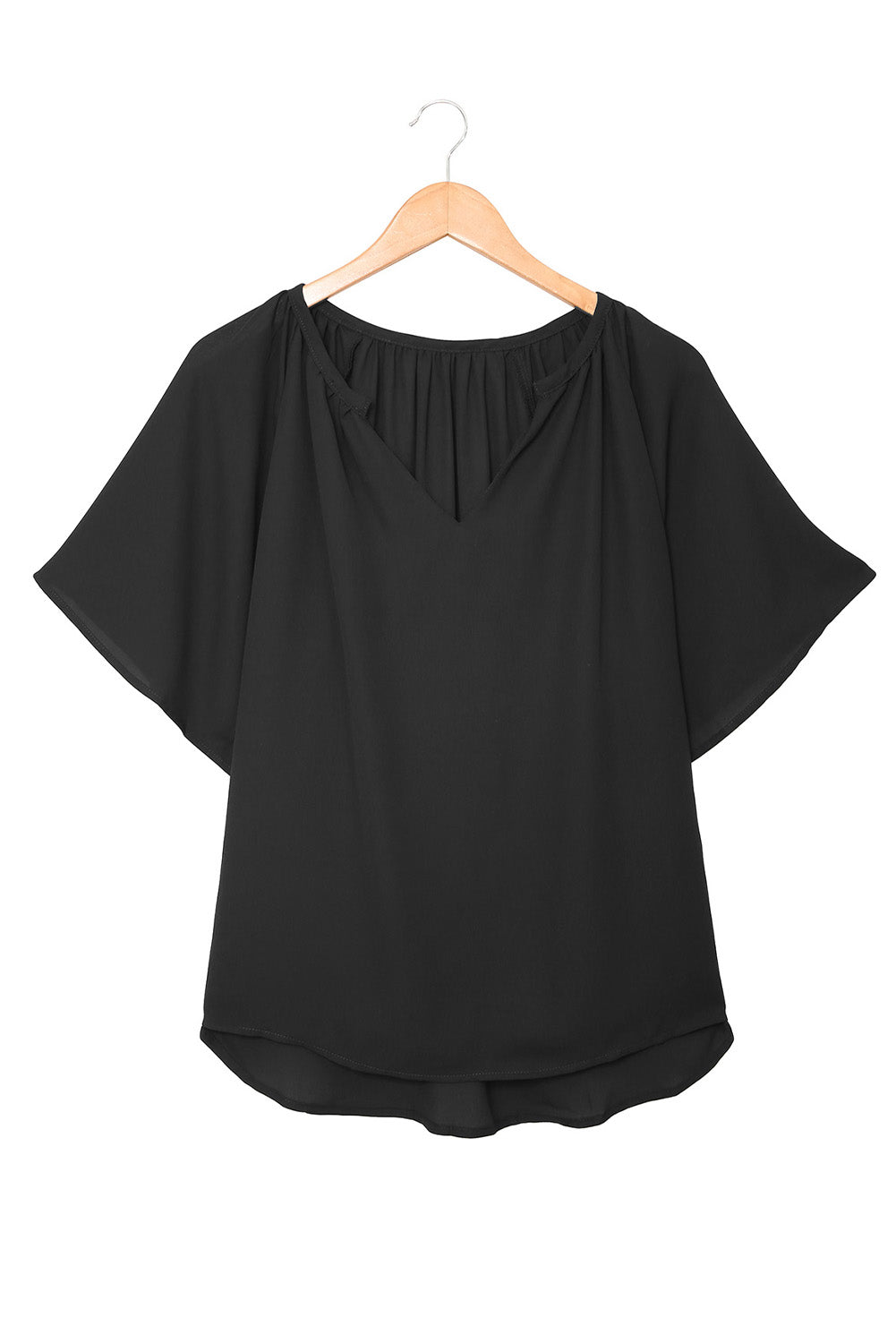 Black Split Neck Pleated Loose Top