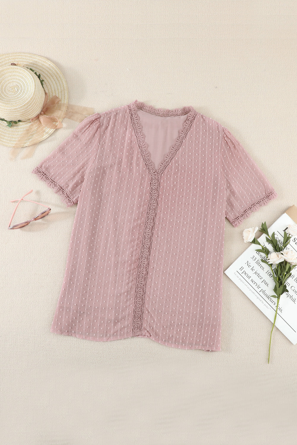 Pink Lace Splicing V-Neck Swiss Dot Short Sleeve Top