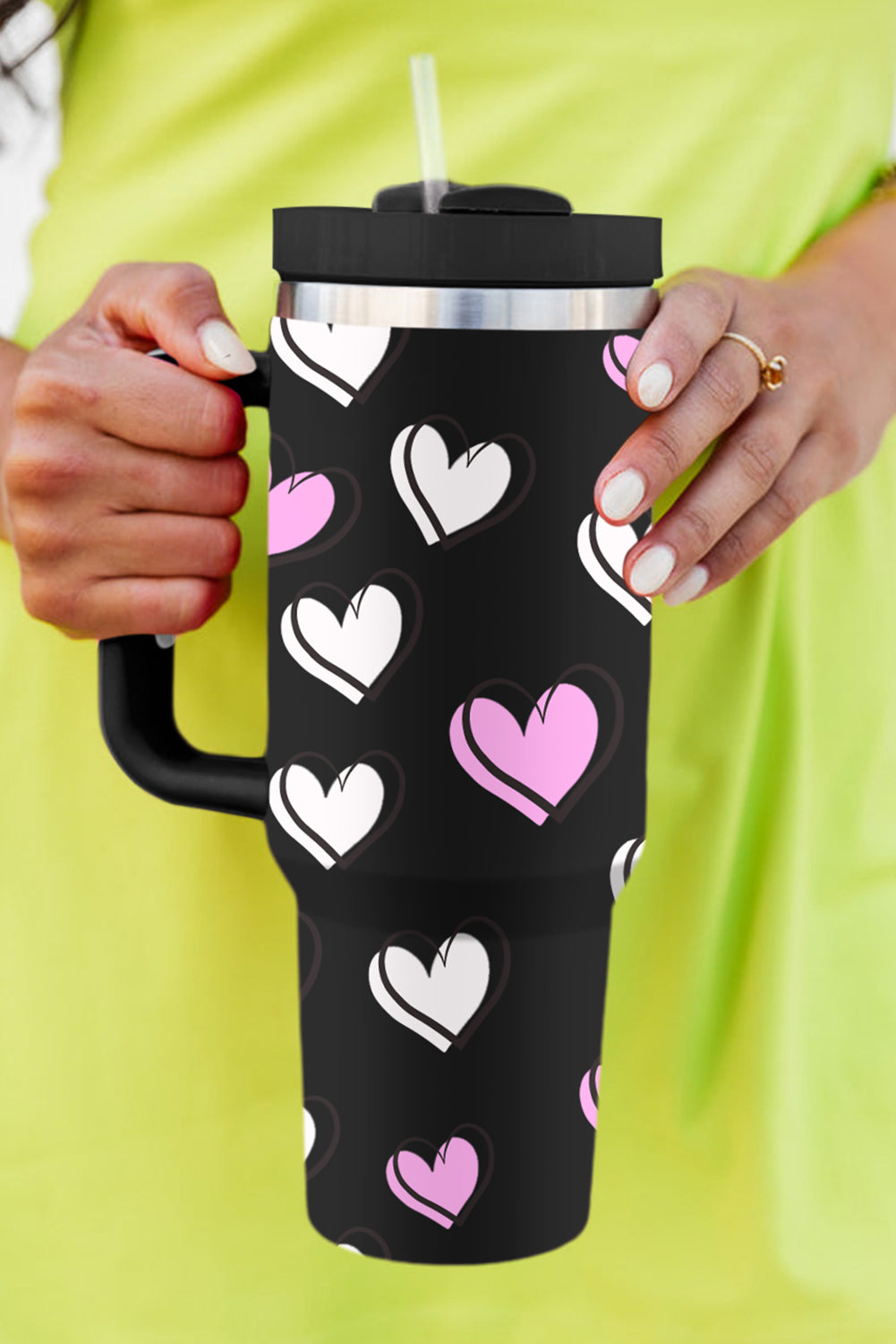 Black Valentines Heart Printed Thermos Cup with Handle 40oz