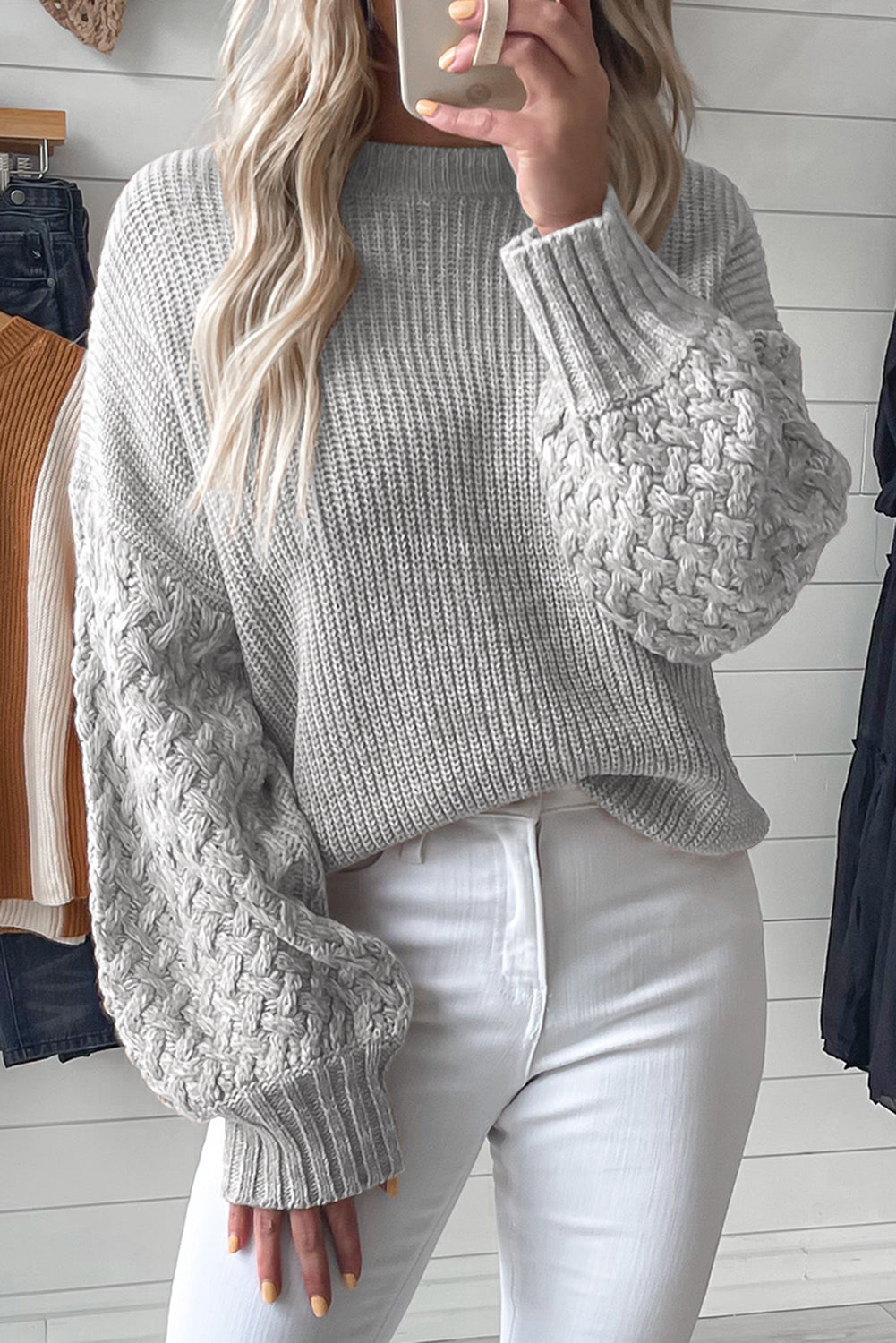 Light Grey Cable Knit Sleeve Drop Shoulder Sweater