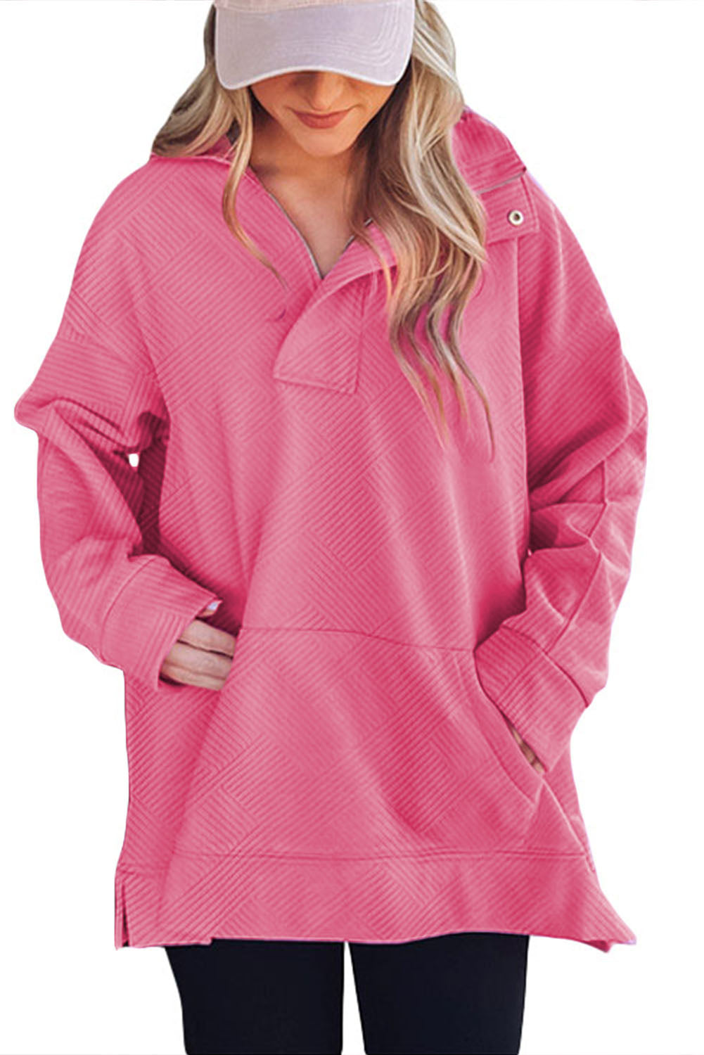 Bright Pink Textured Zipped Neckline Kangaroo Pocket Sweatshirt