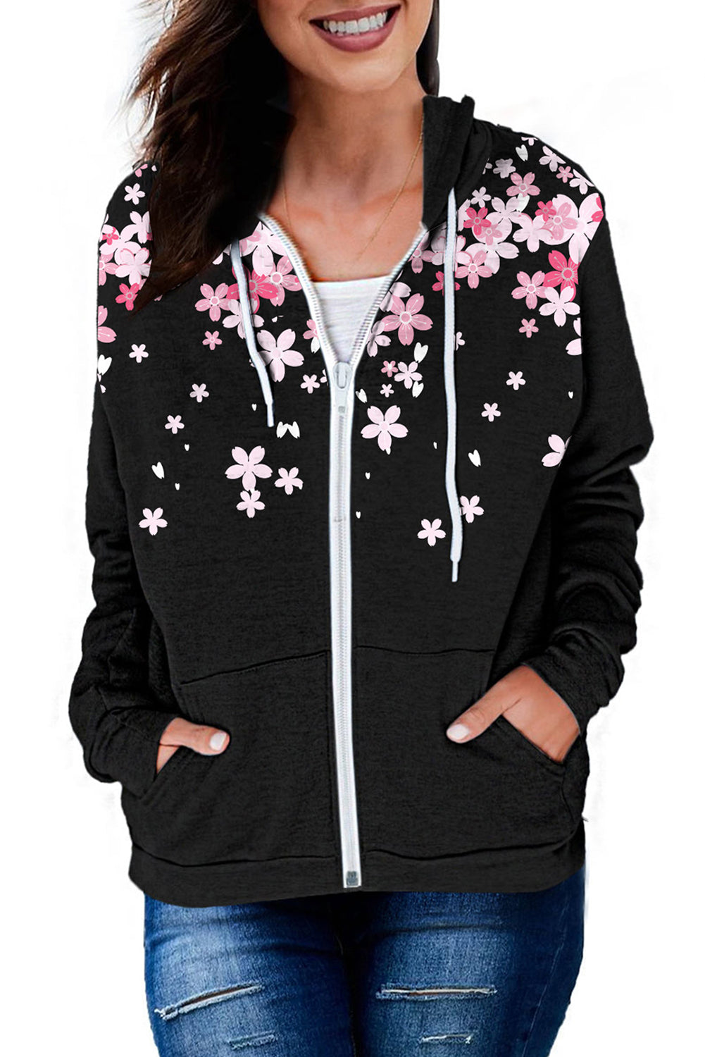 Black Cherry Blossoms Print Pocketed Zipped Hooded Coat