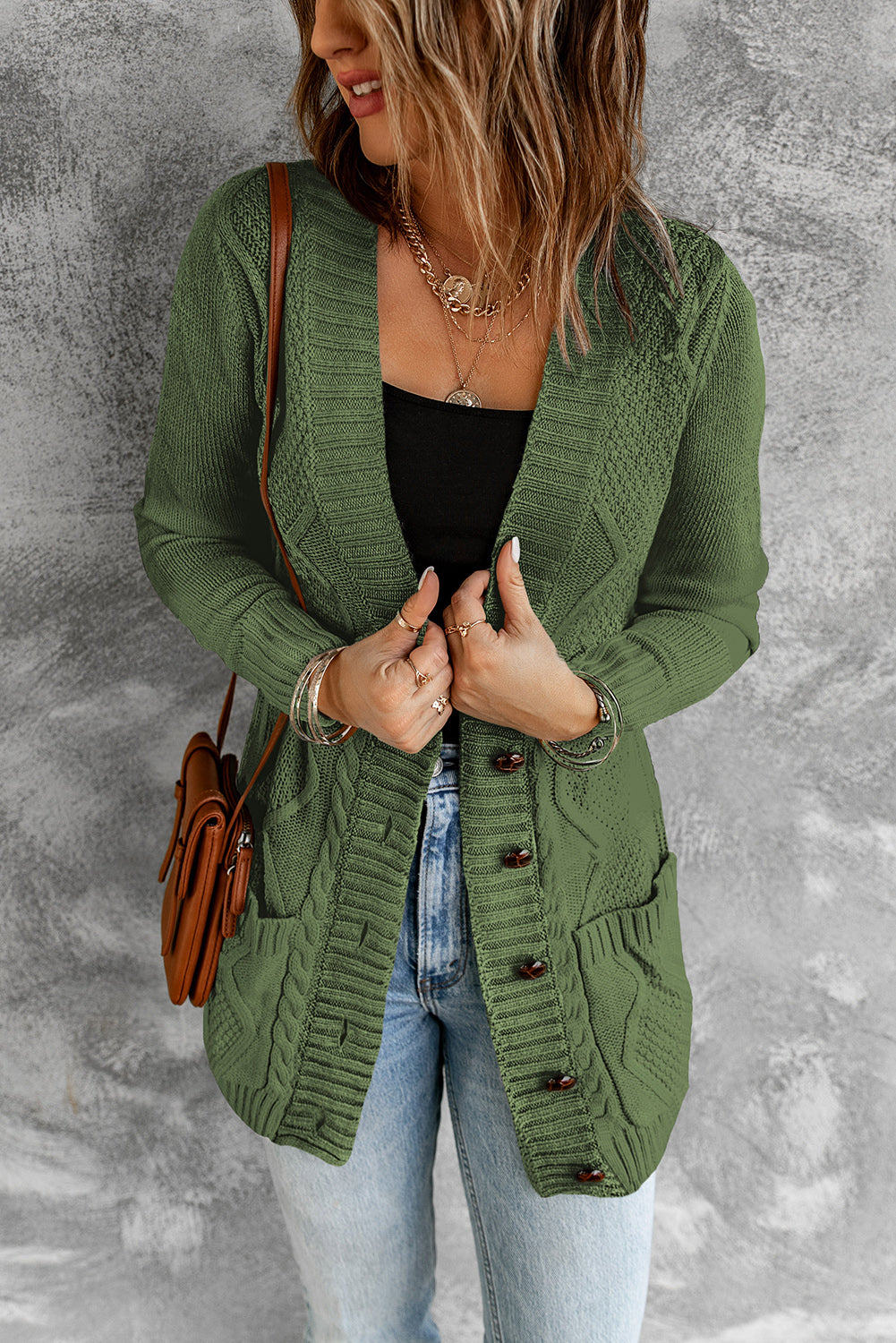 Green Front Pocket and Buttons Closure Cardigan