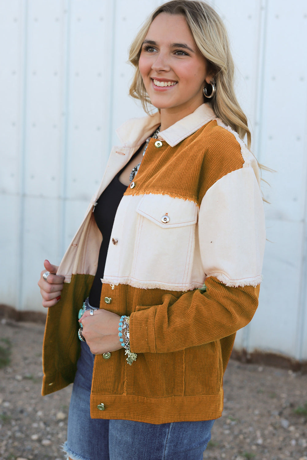 Brown Colorblock Flap Pocket Raw Edge Buttoned Jacket