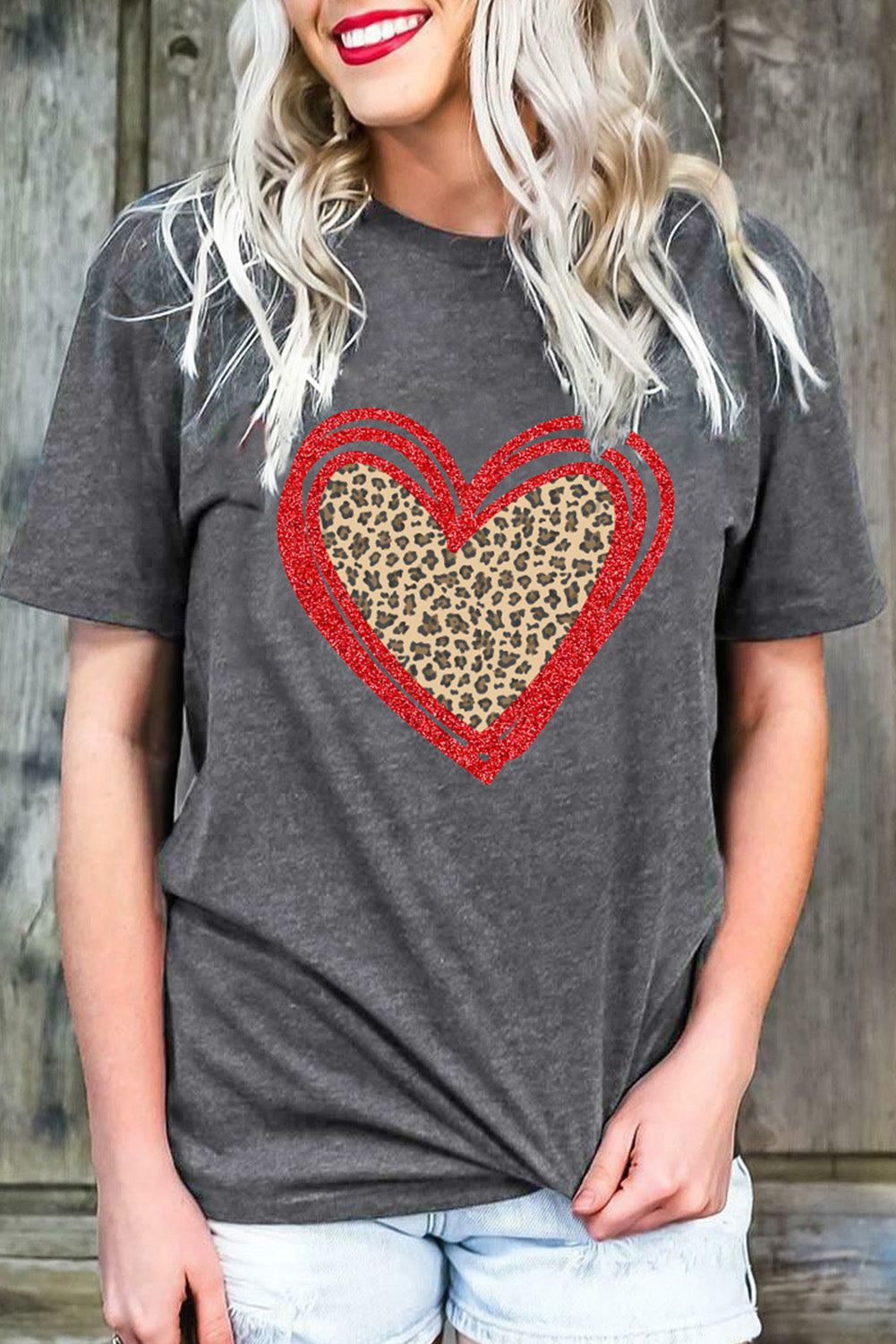 Gray Sequin Leopard Heart Graphic T-shirt