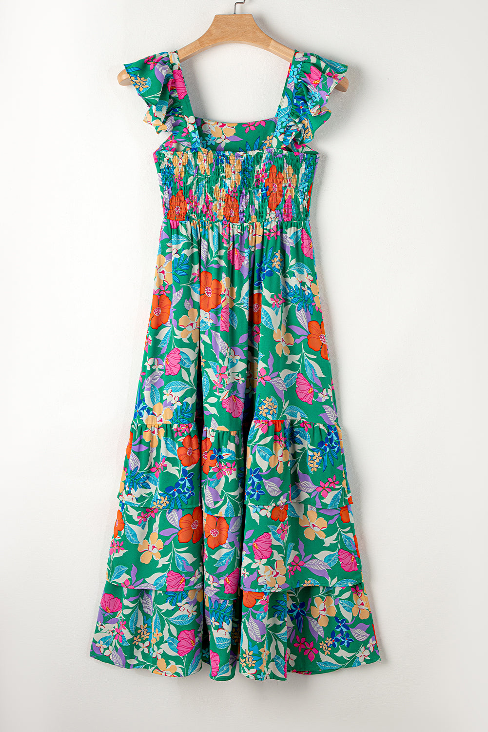 Green Floral Print Sleeveless Ruffle Tiered Maxi Dress