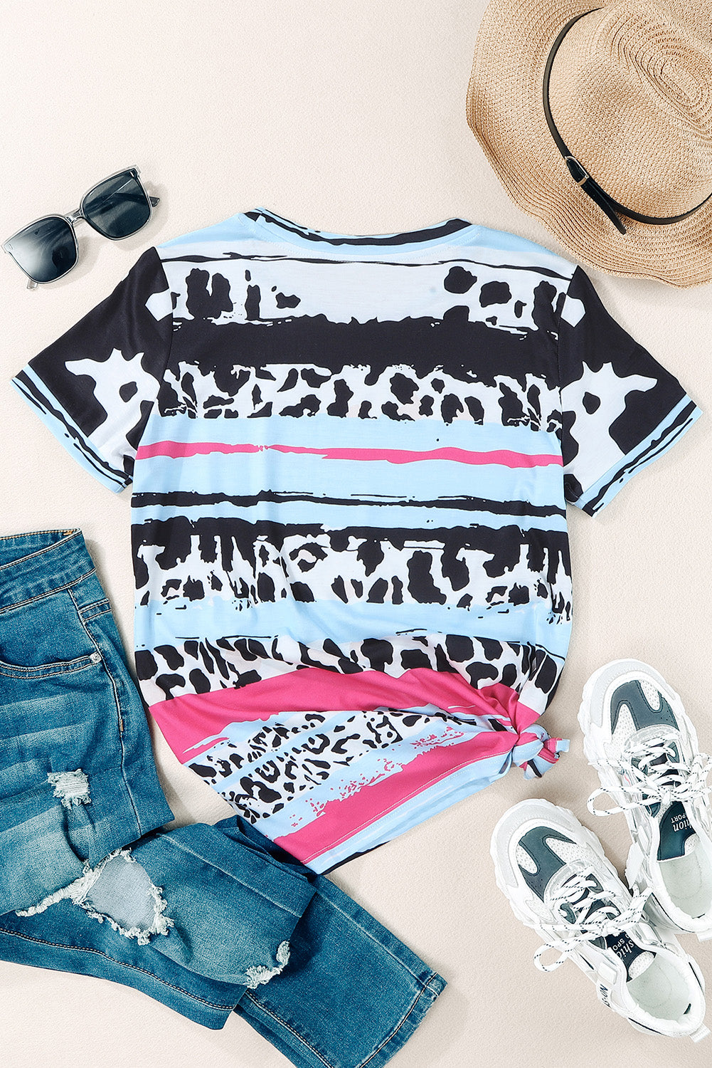 Cow Leopard Striped O-Neck Western Tee