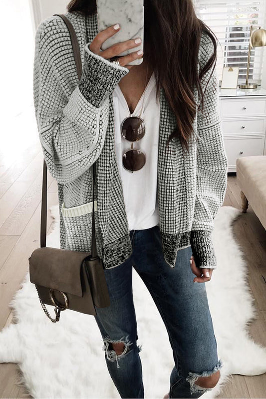 Gray Chunky Waffle Knit Oversized Collar Cardigan