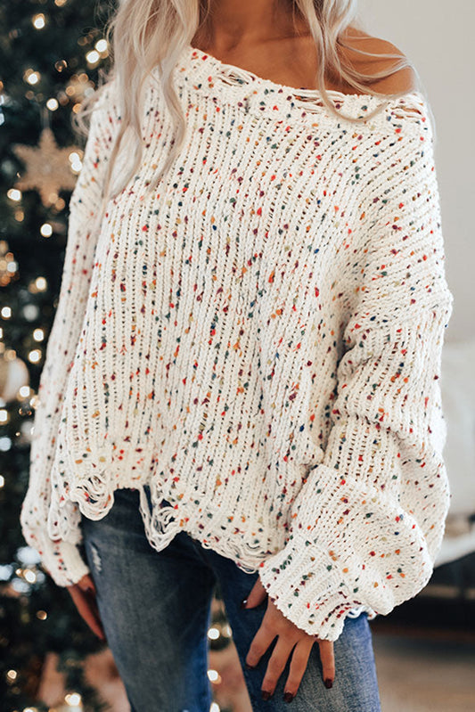 White Colorful Confetti Distressed Knit Sweater