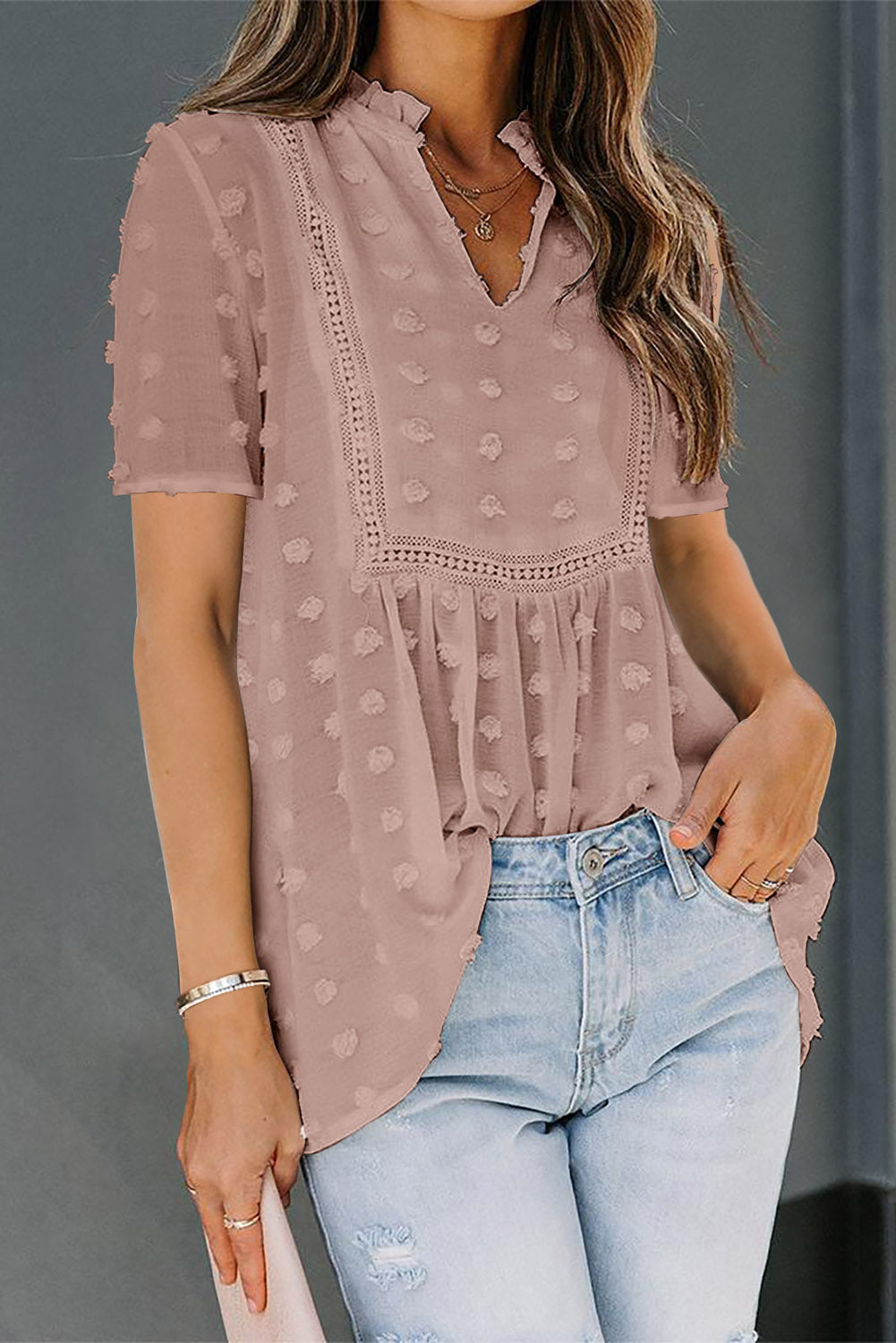 Pink Swiss Dot Short Sleeve Flowy Top