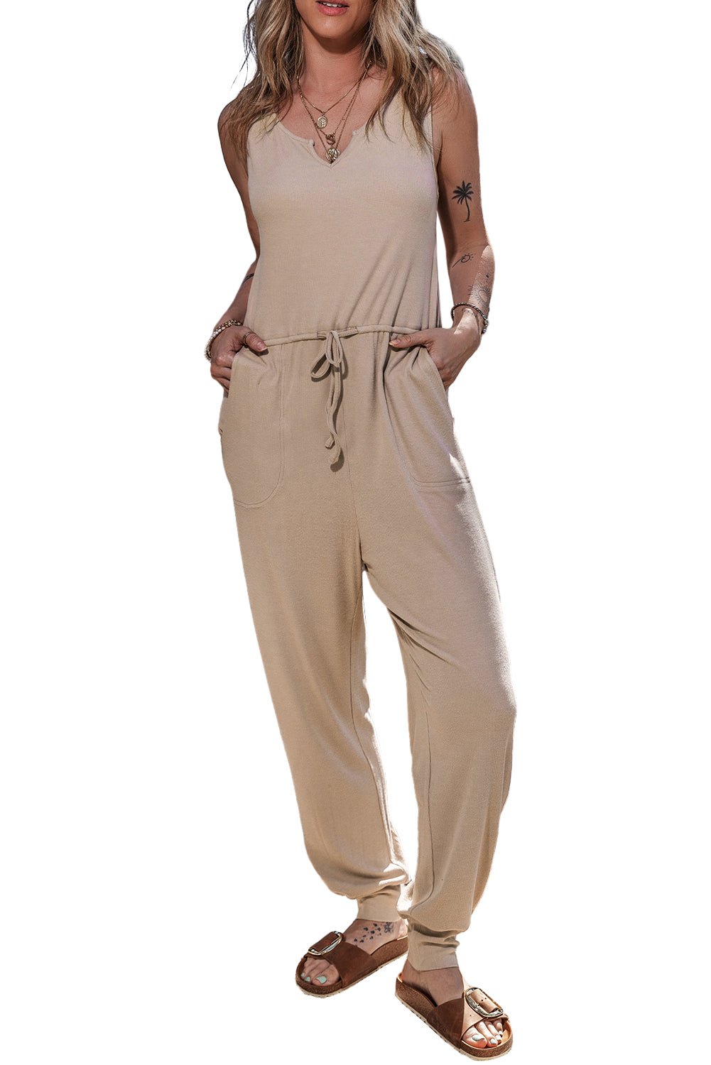 Smoke Gray Drawstring Pockets Notched Neck Sleeveless Jogger Jumpsuit