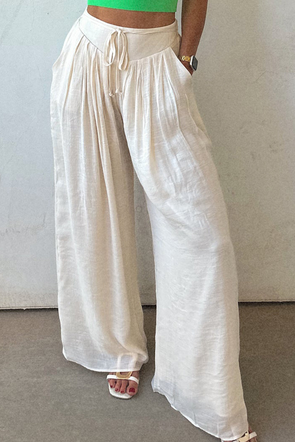 White Casual Tie Waist Pleated Wide Leg Pants