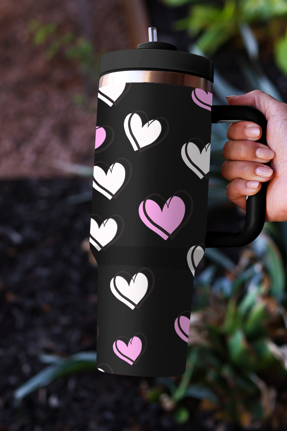 Black Valentines Heart Printed Thermos Cup with Handle 40oz