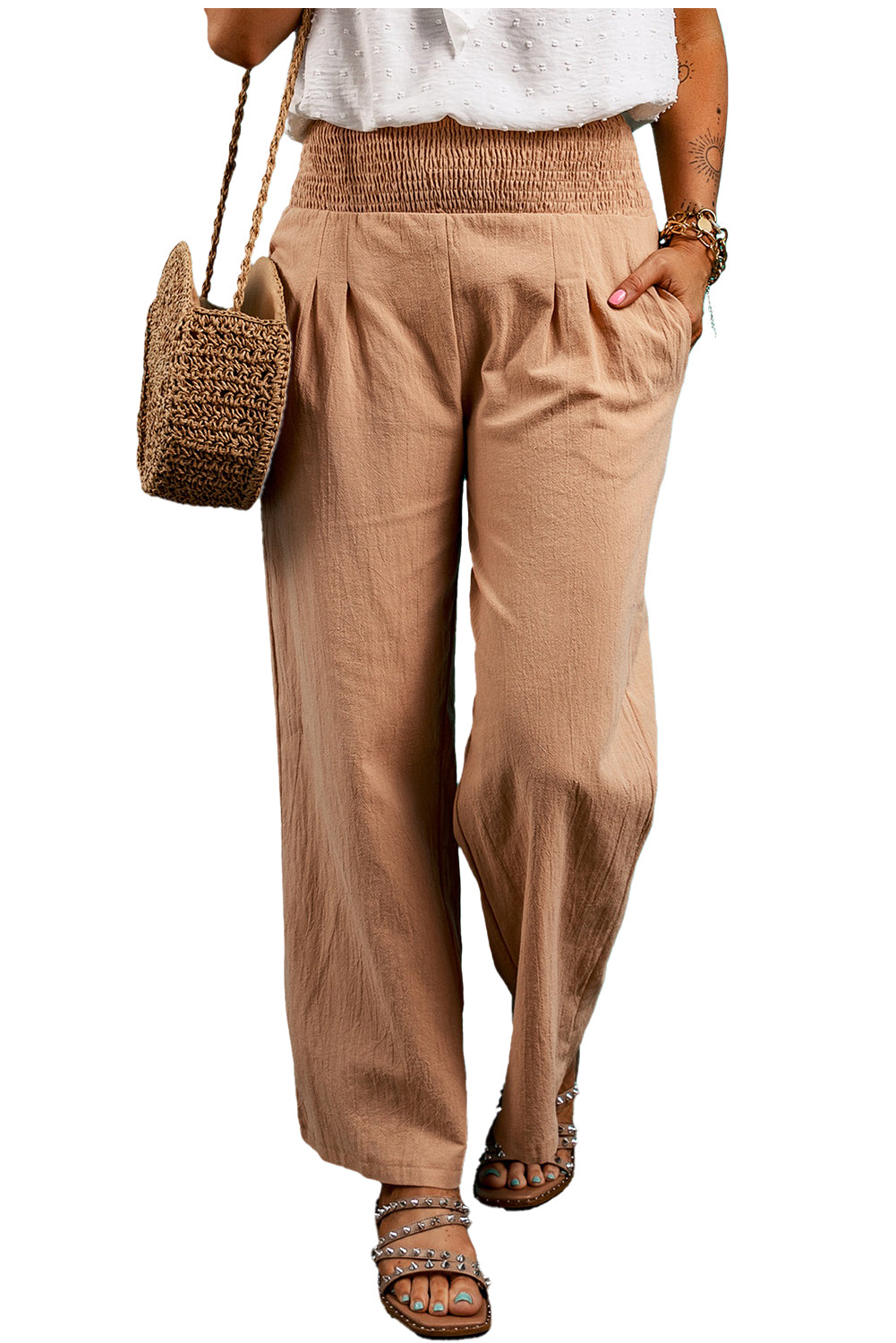 Clay Smocked Waist Loose Straight Leg Pants