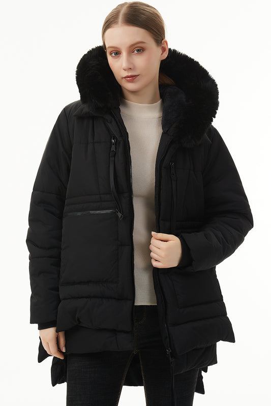 Black Plush Linen Zip Up Hooded Puffer Coat