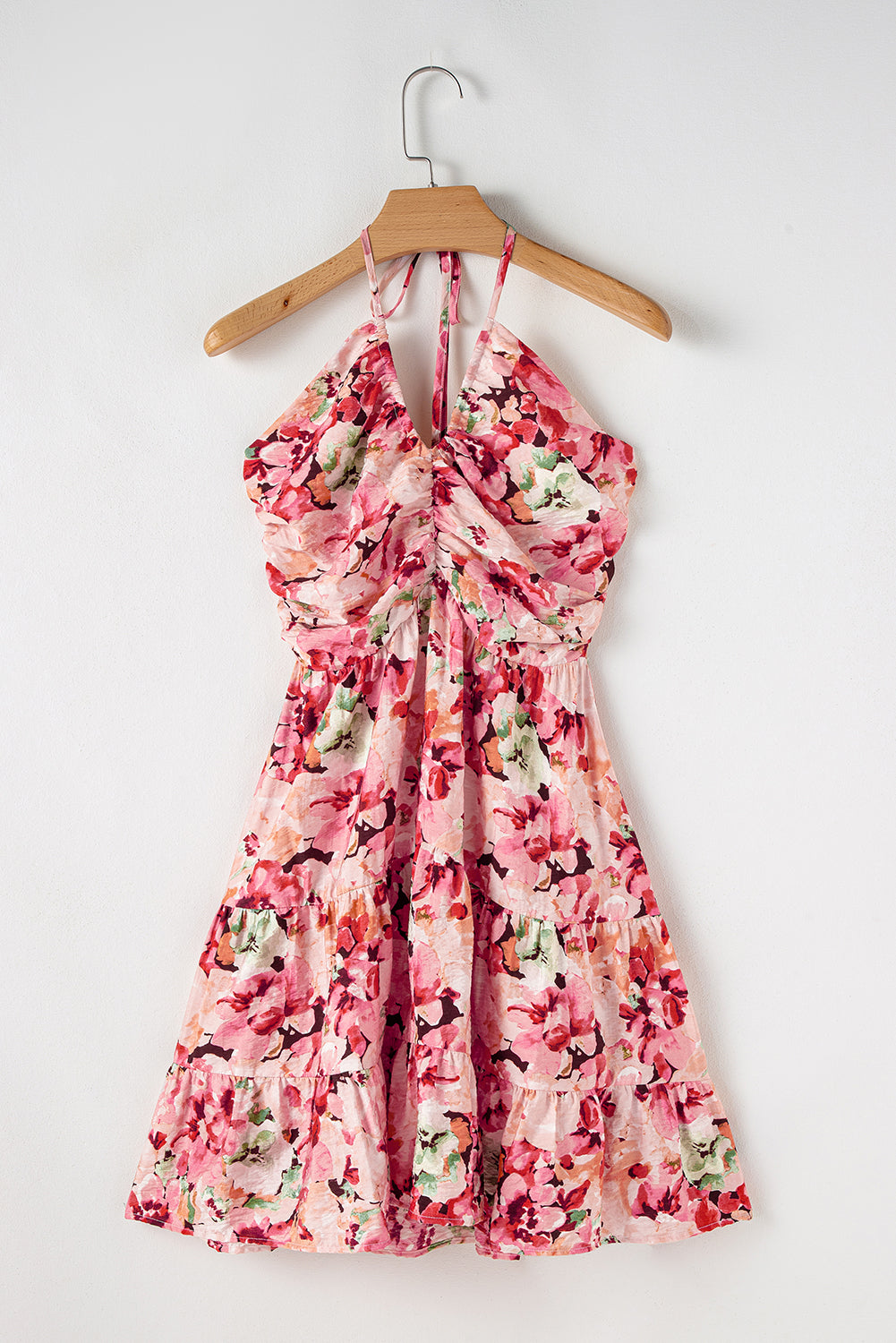 Pink Floral Sleeveless Halter Neck Shirred Back Ruffled Mini Dress