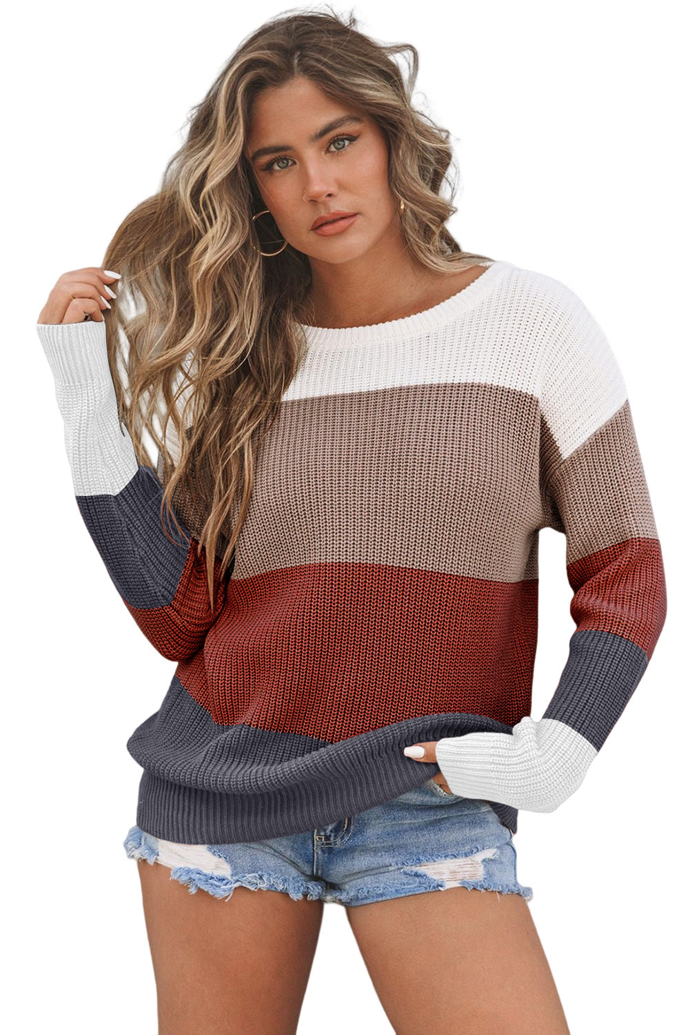 Color Block Knitted O-neck Pullover Sweater