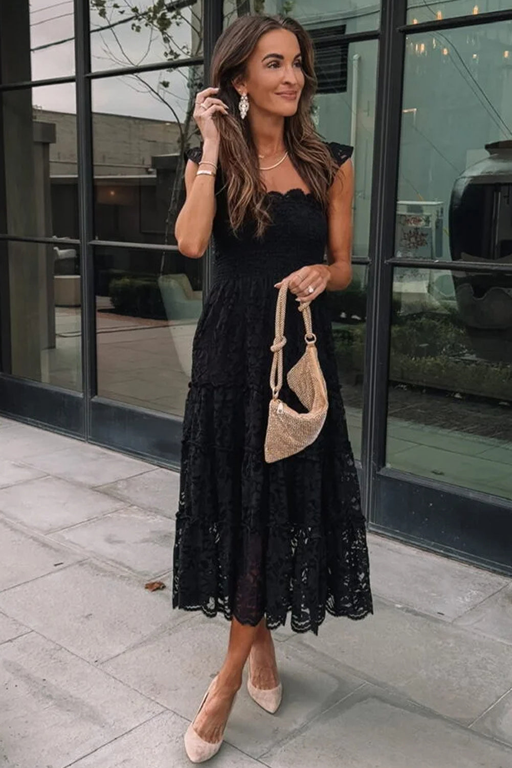 Black Lace Smocked Bodice Sleeveless Midi Dress