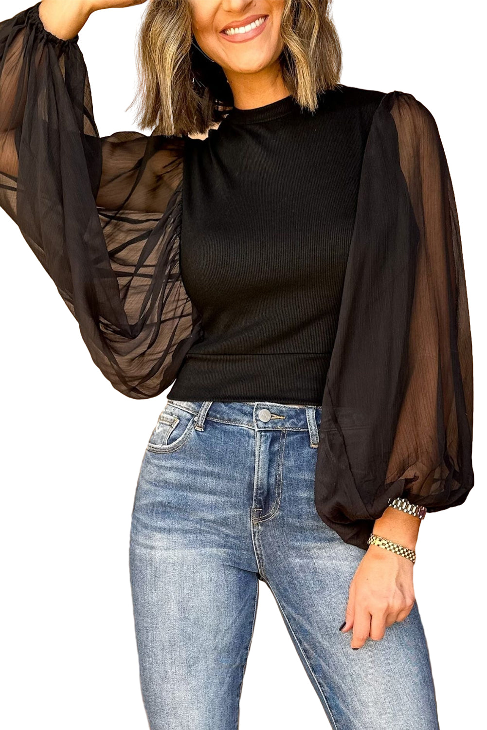 Black Billowy Mesh Puff Sleeve Ribbed Top