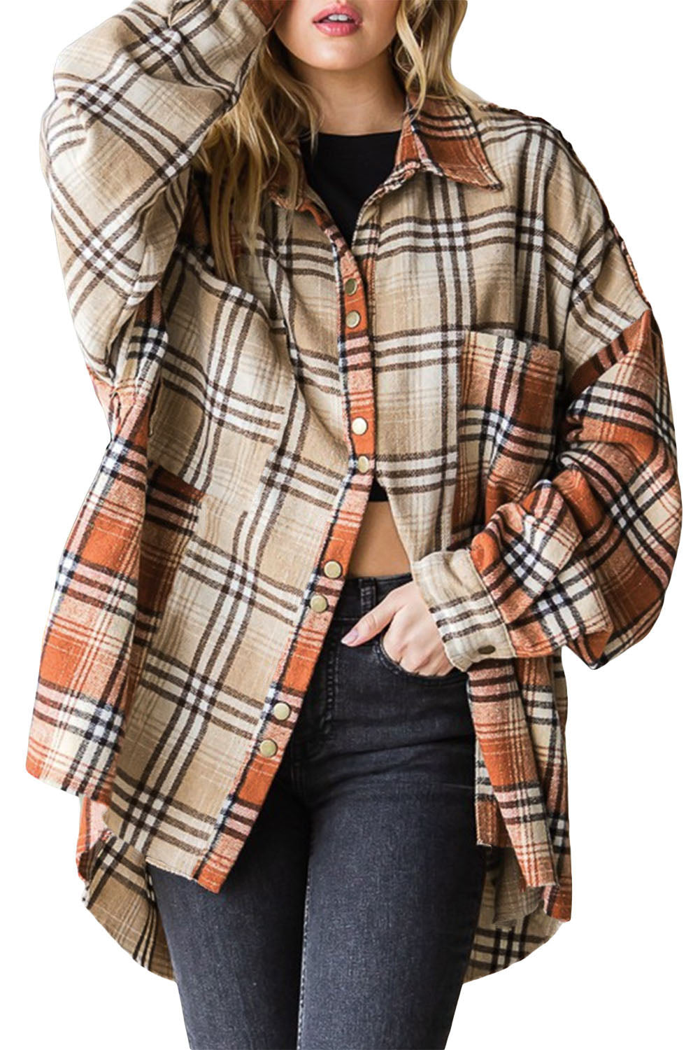 Khaki Contrast Plaid Patchwork Chest Pocket Shacket