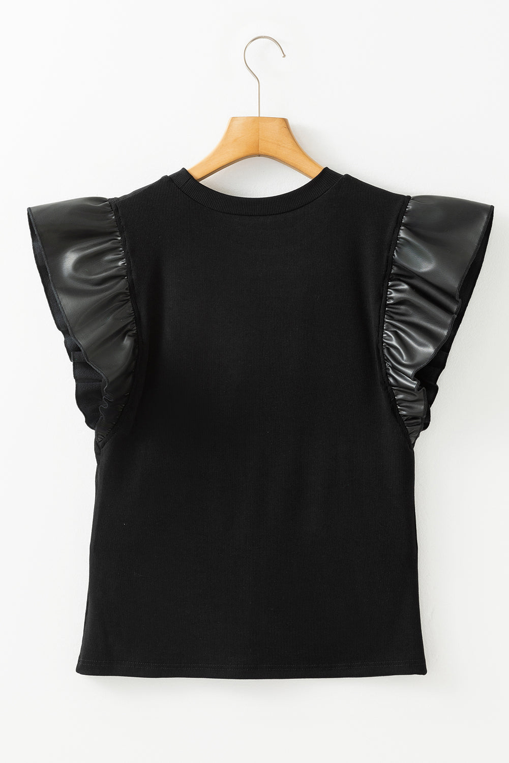 Black Leather Ruffle Sleeve Patchwork Round Neck Blouse